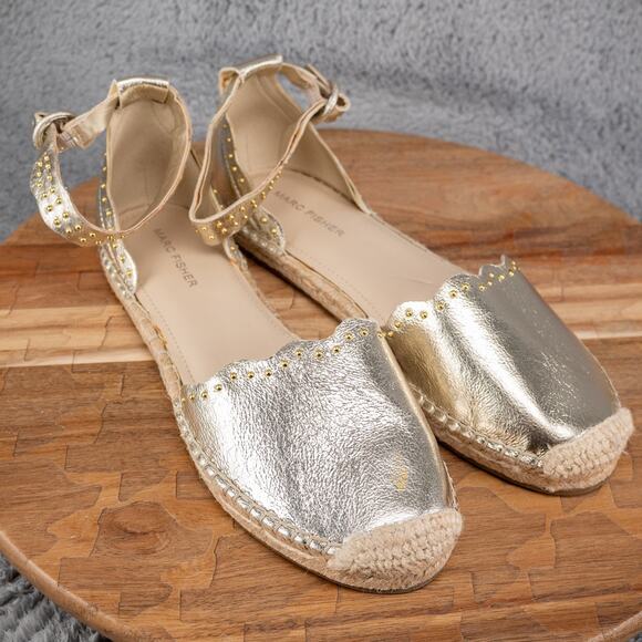 Marc Fisher Women's 8.5 Jarquis Espadrille Leather Sandal Light Gold Ankle Strap - Picture 1 of 6